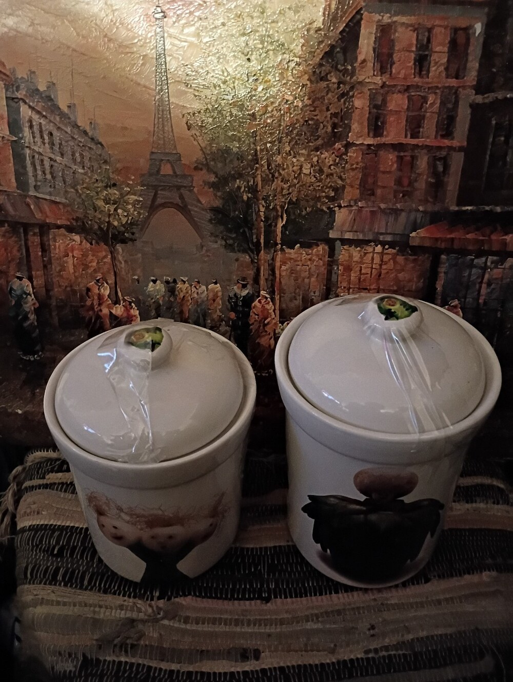 White Ceramic Kitchen Canisters with Green Fruit Accent - Home Art